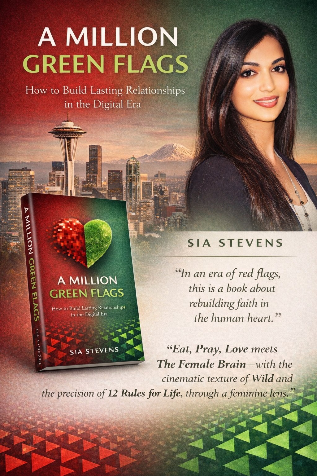 A Million Green Flags promotional poster featuring author Sia Stevens, Seattle skyline, and book cover